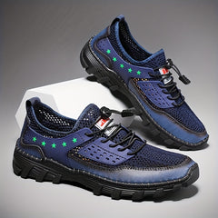 Men's Breathable Stars Print No Tie Mesh Sneakers With Adjustable Draw String