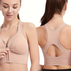 Women's Zipper Front Sports Bra Racer Back Fitness Bra