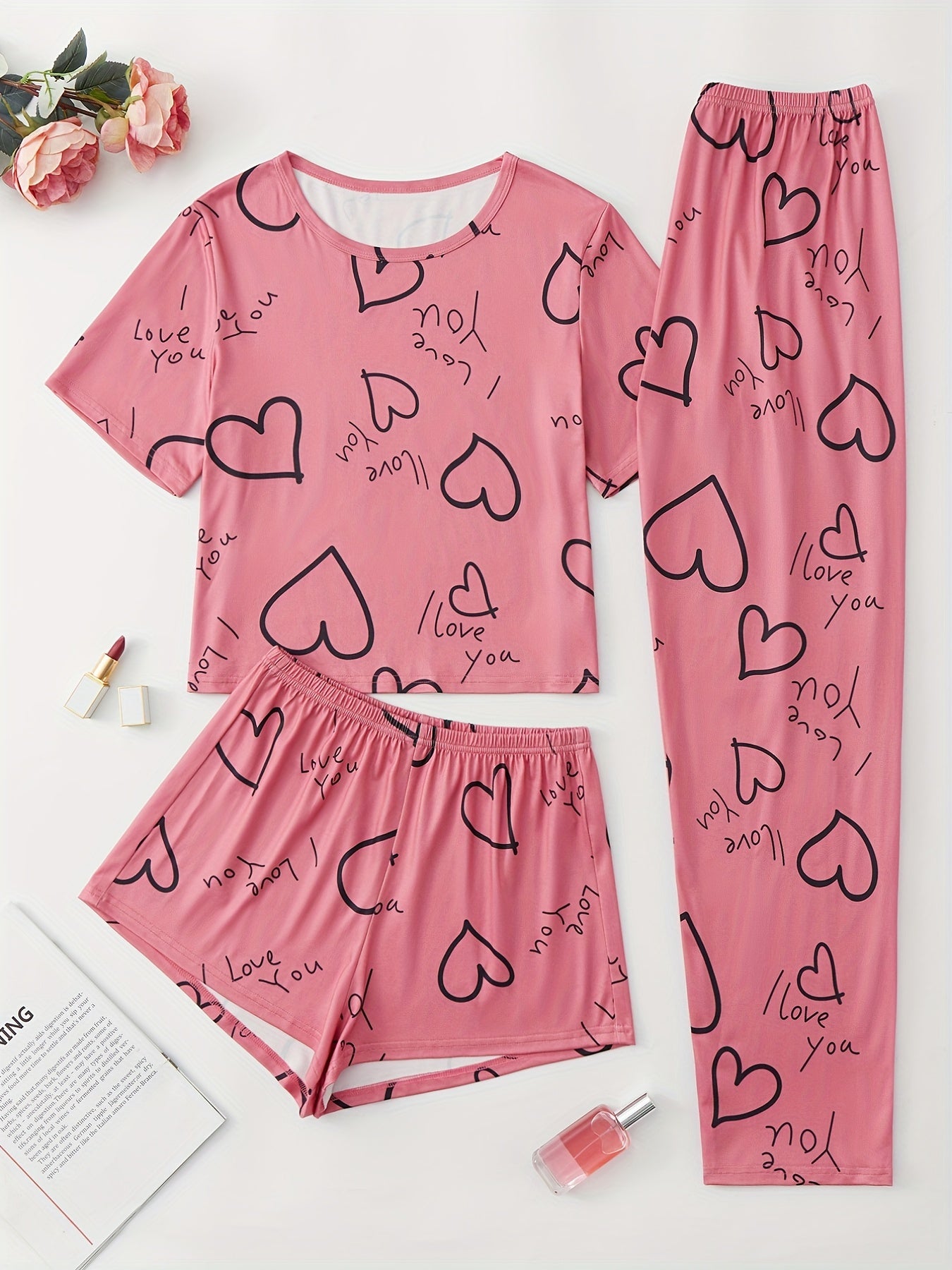 Letter & Heart Print Pajamas Set Short Sleeve Crew Neck Top & Shorts