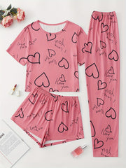Letter & Heart Print Pajamas Set Short Sleeve Crew Neck Top & Shorts
