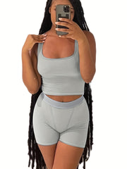 2pcs Sleeveless Crop Top & High Waist Shorts Set for Yoga Workout