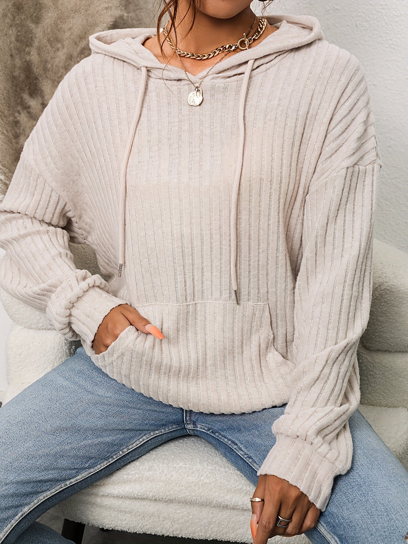 Ribbed Drawstring Hoodie with Kangaroo Pockets