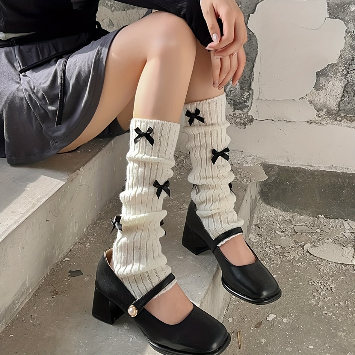 Bow Rib Knit Leg Warmers & Knee High Socks Women's Stockings