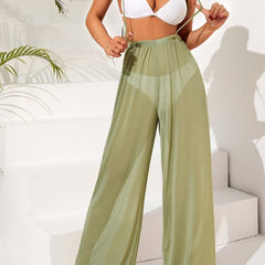Mesh Cover Up Pants Tie Shoulders Elastic Waist Solid Maxi Beach Coverup