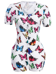 Colorful Butterfly Print Lounge Bodysuit Short Sleeve Romper
