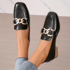 Square Toe Loafers with Metallic Buckle Decor Slip On Flats