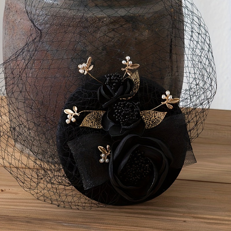 French Style Fascinators Hats Flower Golden Leaf Decor Veil Bridal Wedding Tiara