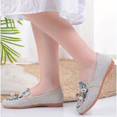 Women's Floral Printed Flat Shoes Comfy Bow Slip On Linen Shoes
