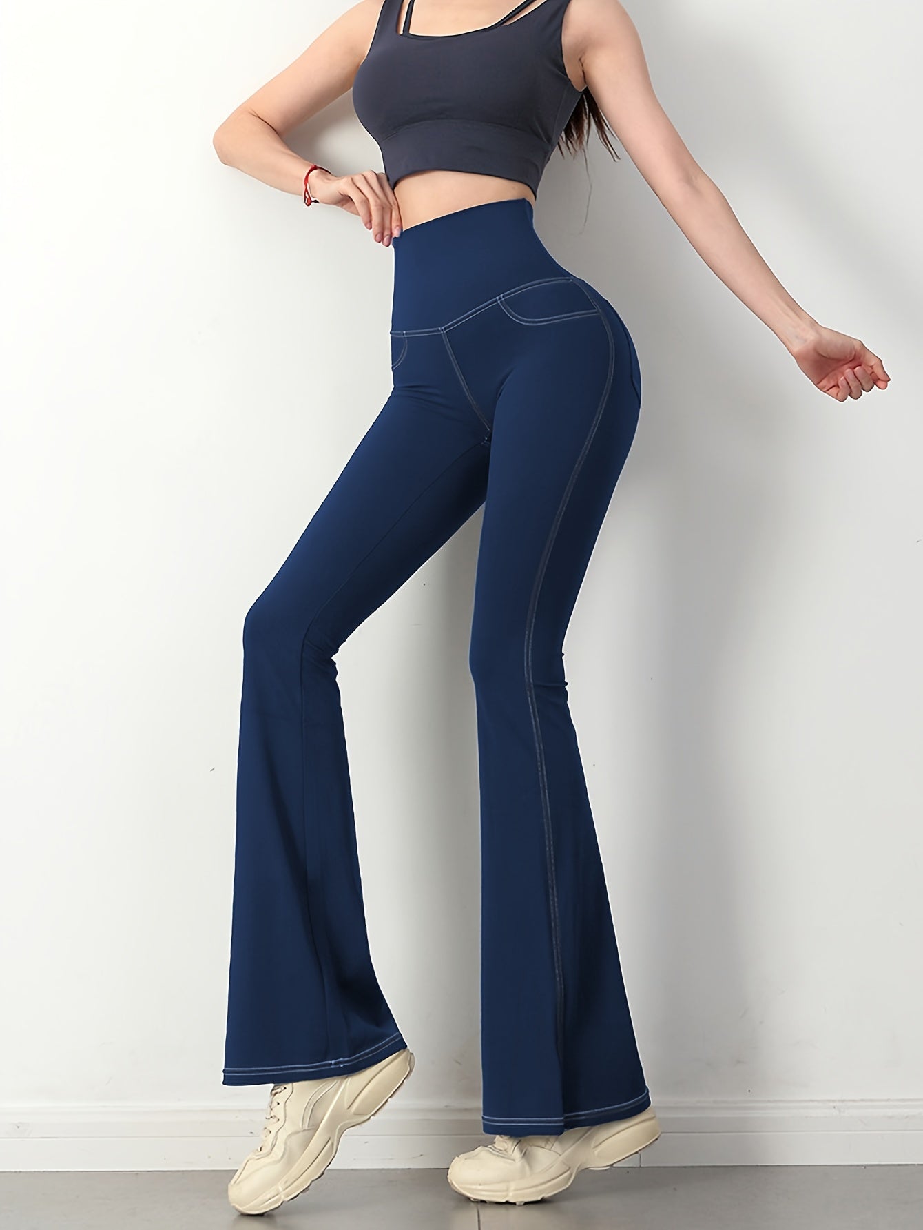 Solid Denim Yoga Pants With Pockets Sports Fitness Flared Leggings