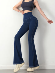 Solid Denim Yoga Pants With Pockets Sports Fitness Flared Leggings