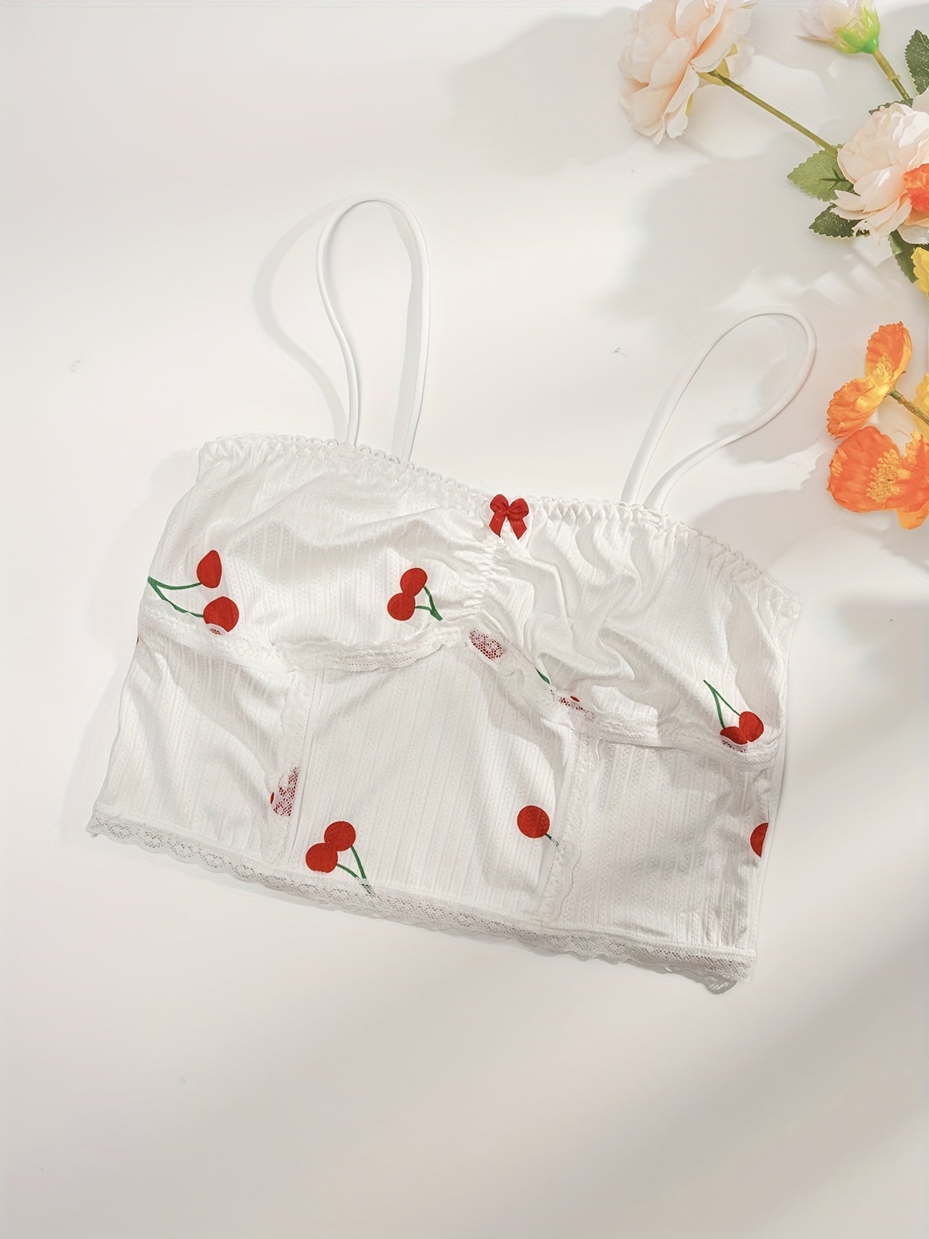 Cherry Print Pajama Set with Lace Trim Cami Top & Shorts