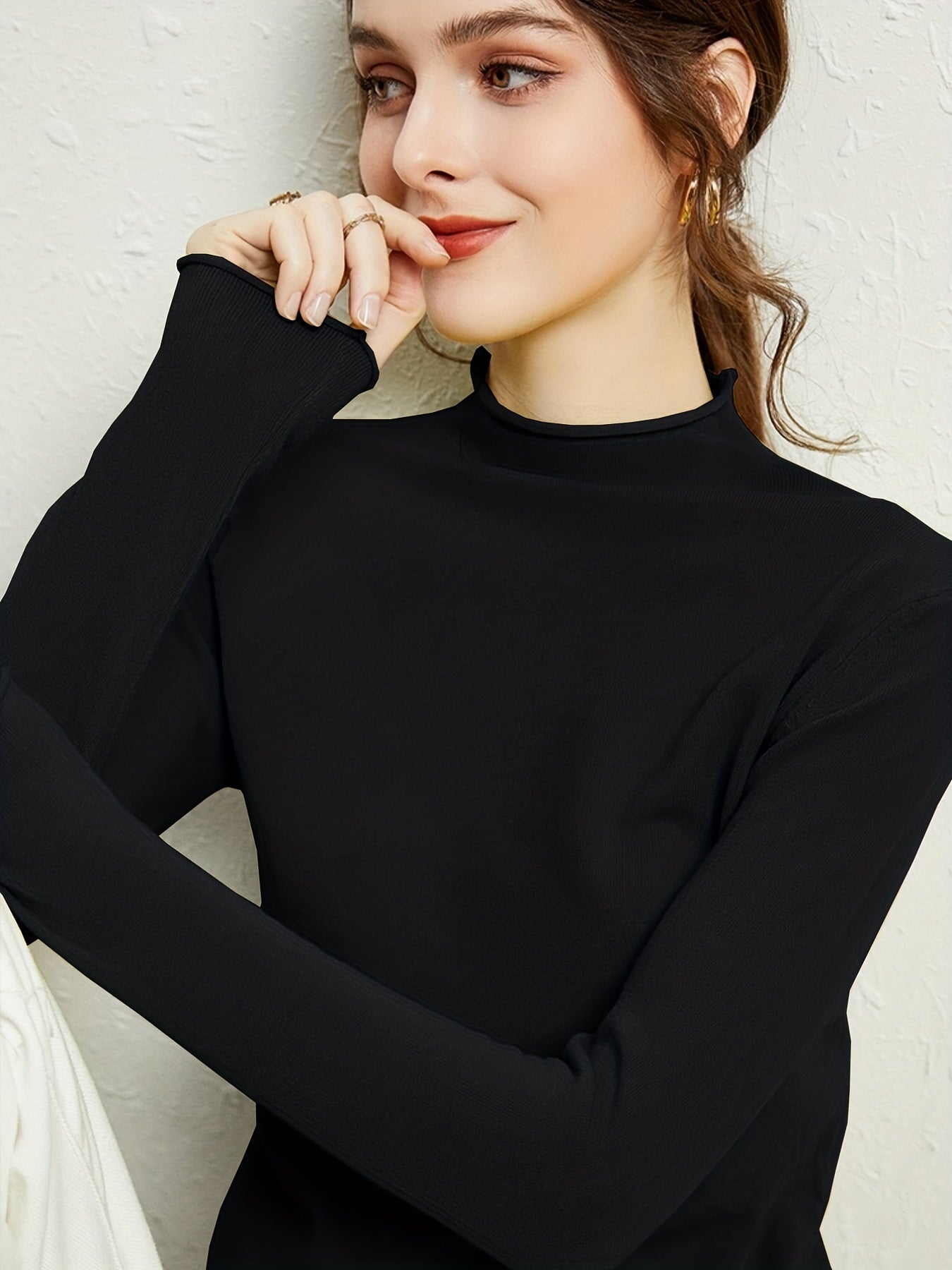 Solid Mock Neck Knitted Pullover Sweater for Women