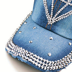 Rhinestone Heart Baseball Cap Denim Distressed Sun Hat Adjustable
