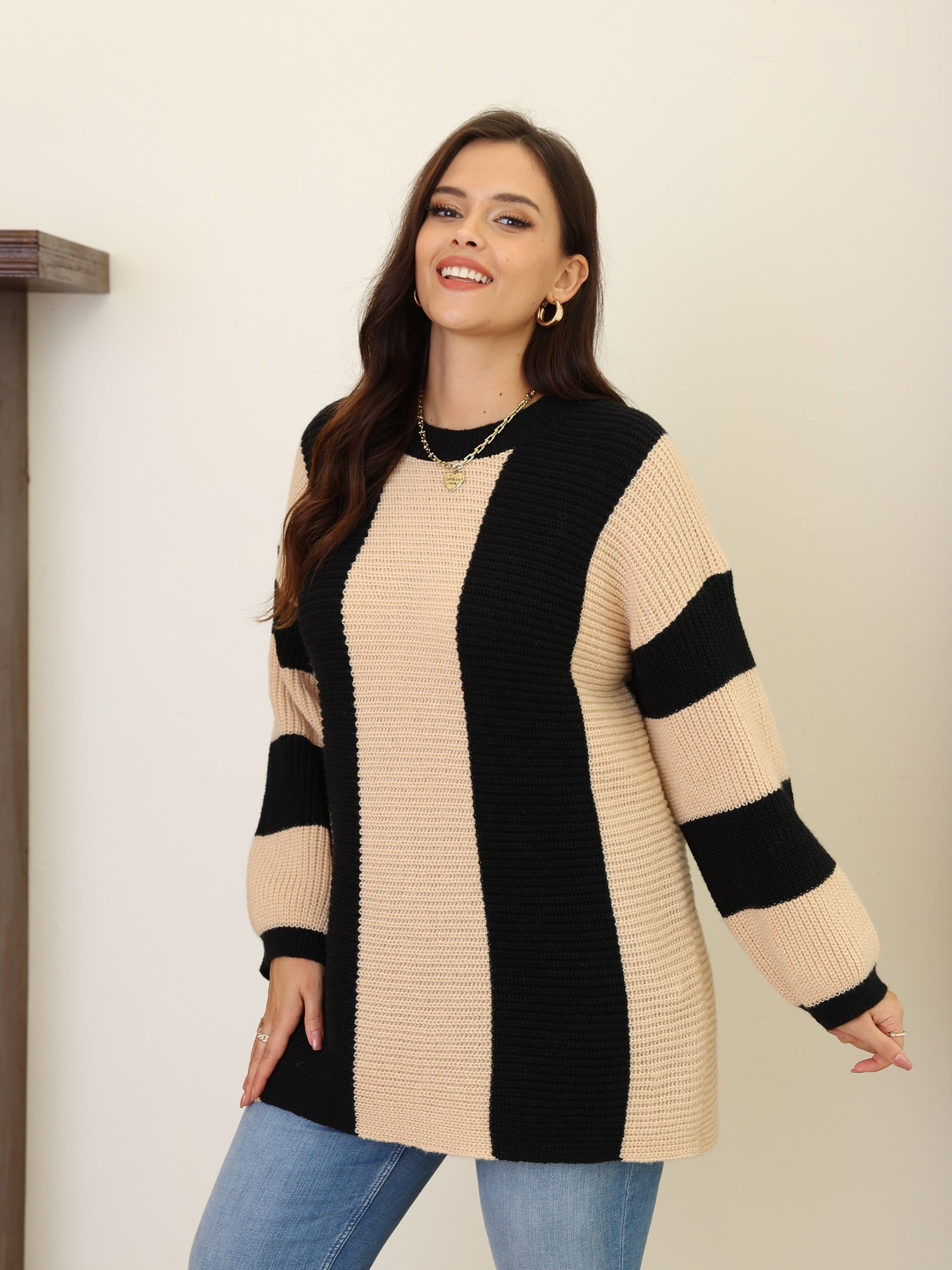 Casual Sweater Women's Plus Stripe Print Long Sleeve Round Neck Jumper
