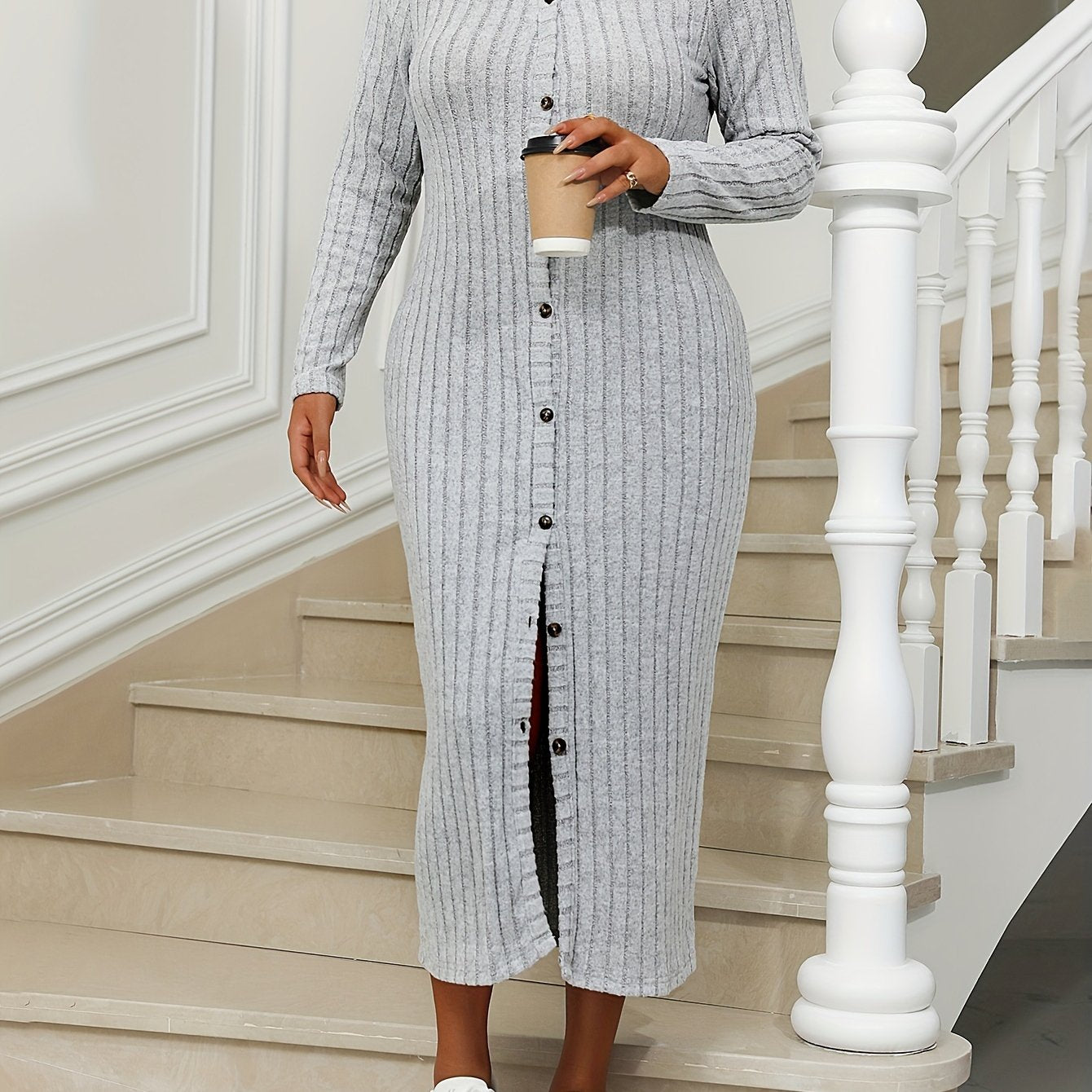 Solid Ribbed Knit Long Sleeve Maxi Dress