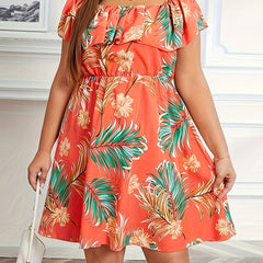 Boho Dress Women's Plus Tropical Print Off Shoulder A line Dress