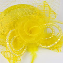 Yellow Mesh Flower Fascinator Hat Feathers Veil Mesh Faux Pearl Small Beret