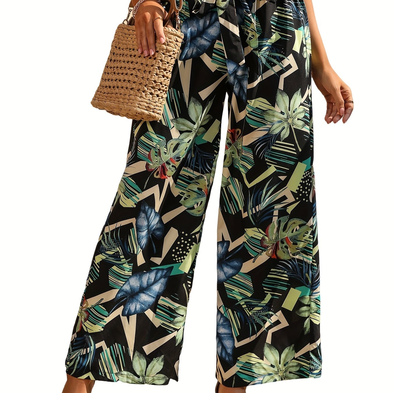 Boho Allover Print Wide Leg Pants with Tie Waist