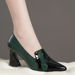 Crocodile Decor Chunky Heels Pointed Toe Pumps