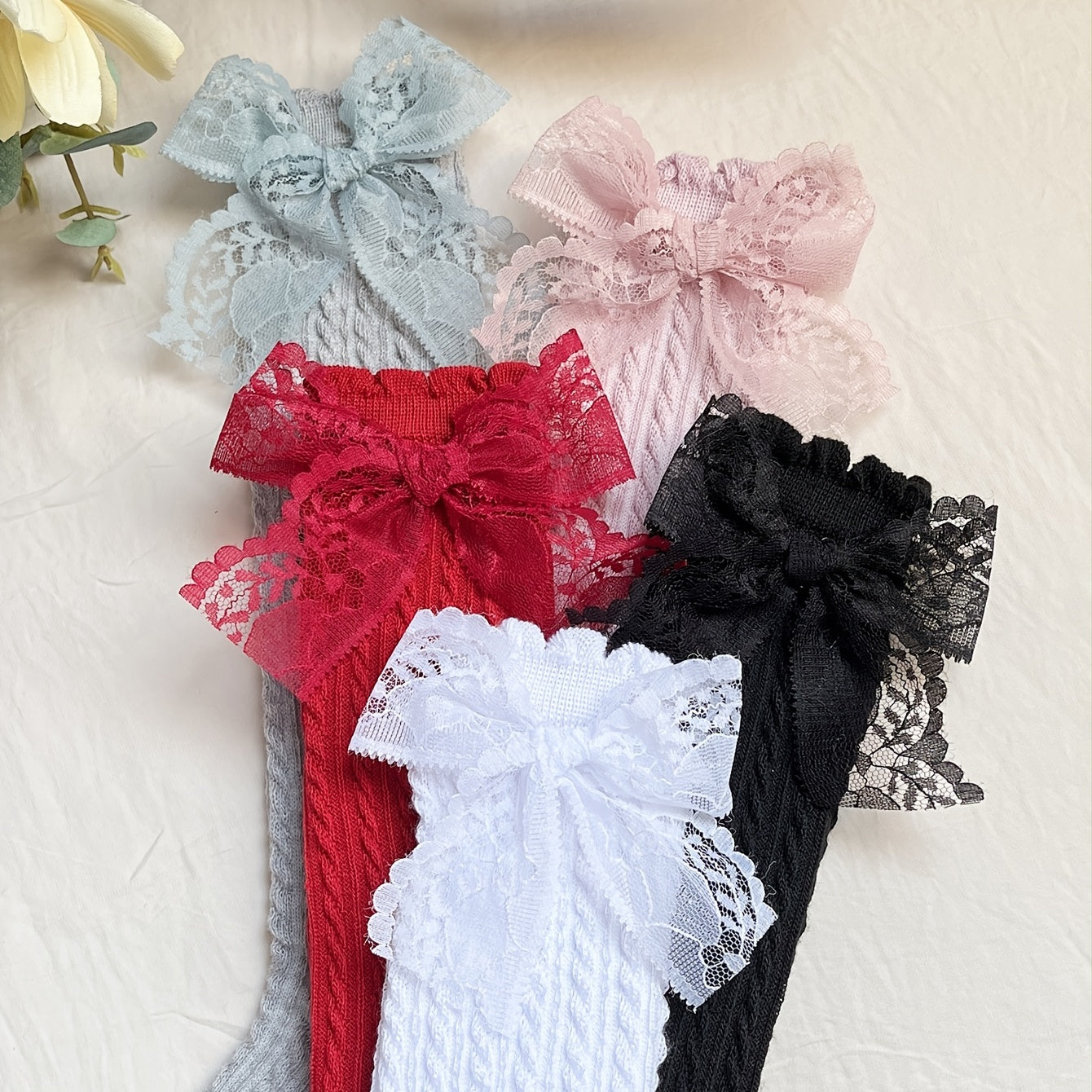5 Pairs Girls Lace Bow Knit High Socks for Autumn/Spring