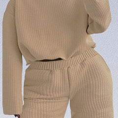 Women's Plus Solid Waffle Knit Long Sleeve Top & Shorts Set