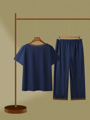 Colorblock V Neck Top & Wide Leg Pants 2 Piece Set