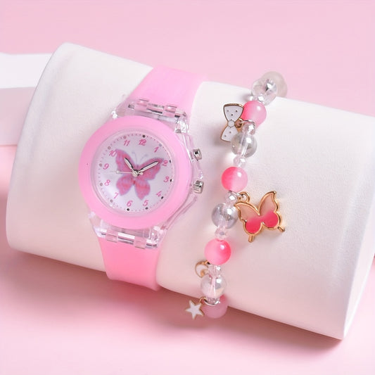 Girls' Butterfly LED Light Watch with Beaded Bracelet Set