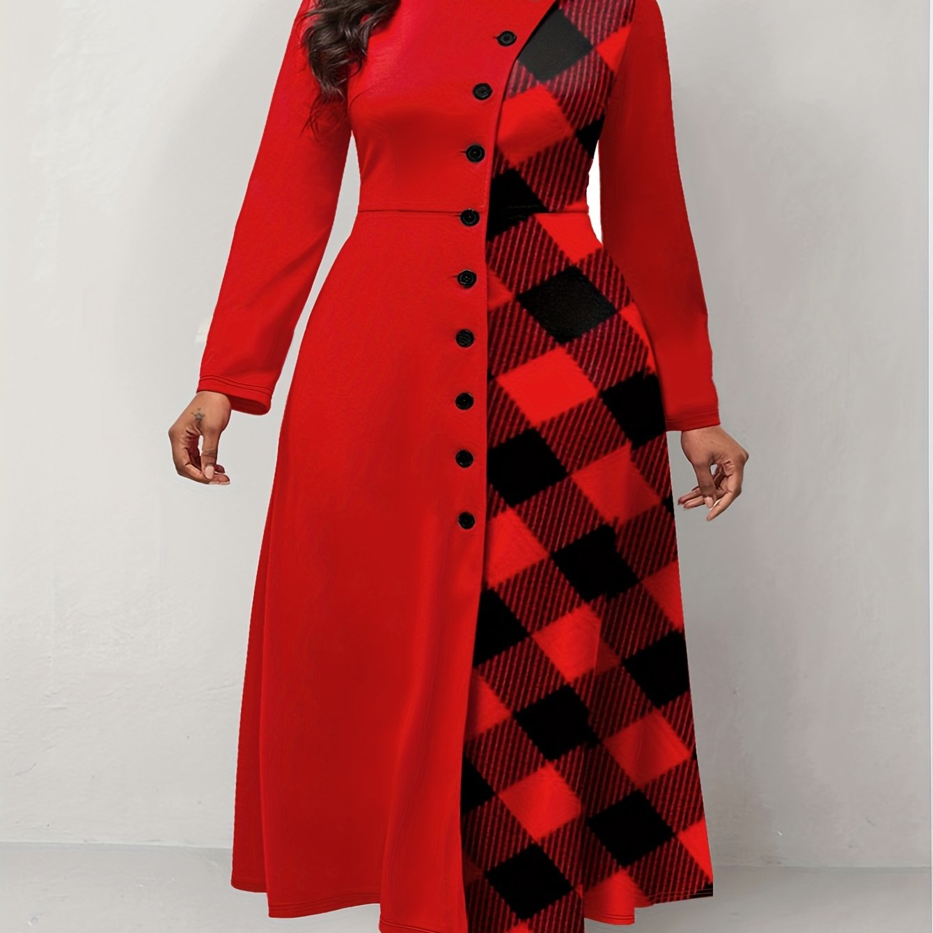 Gingham Print Colorblock Dress Mock Neck Maxi Dress