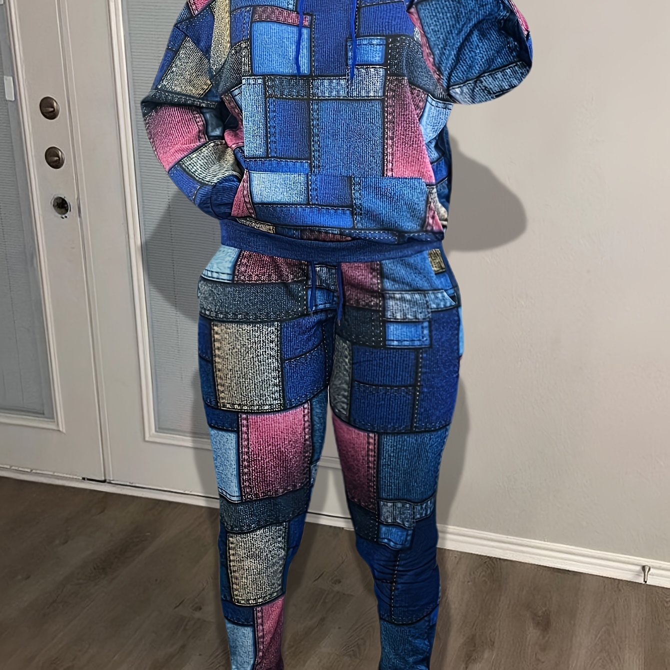 Women's Plus Patchwork Hoodie & Pants Set Two Piece Outfit