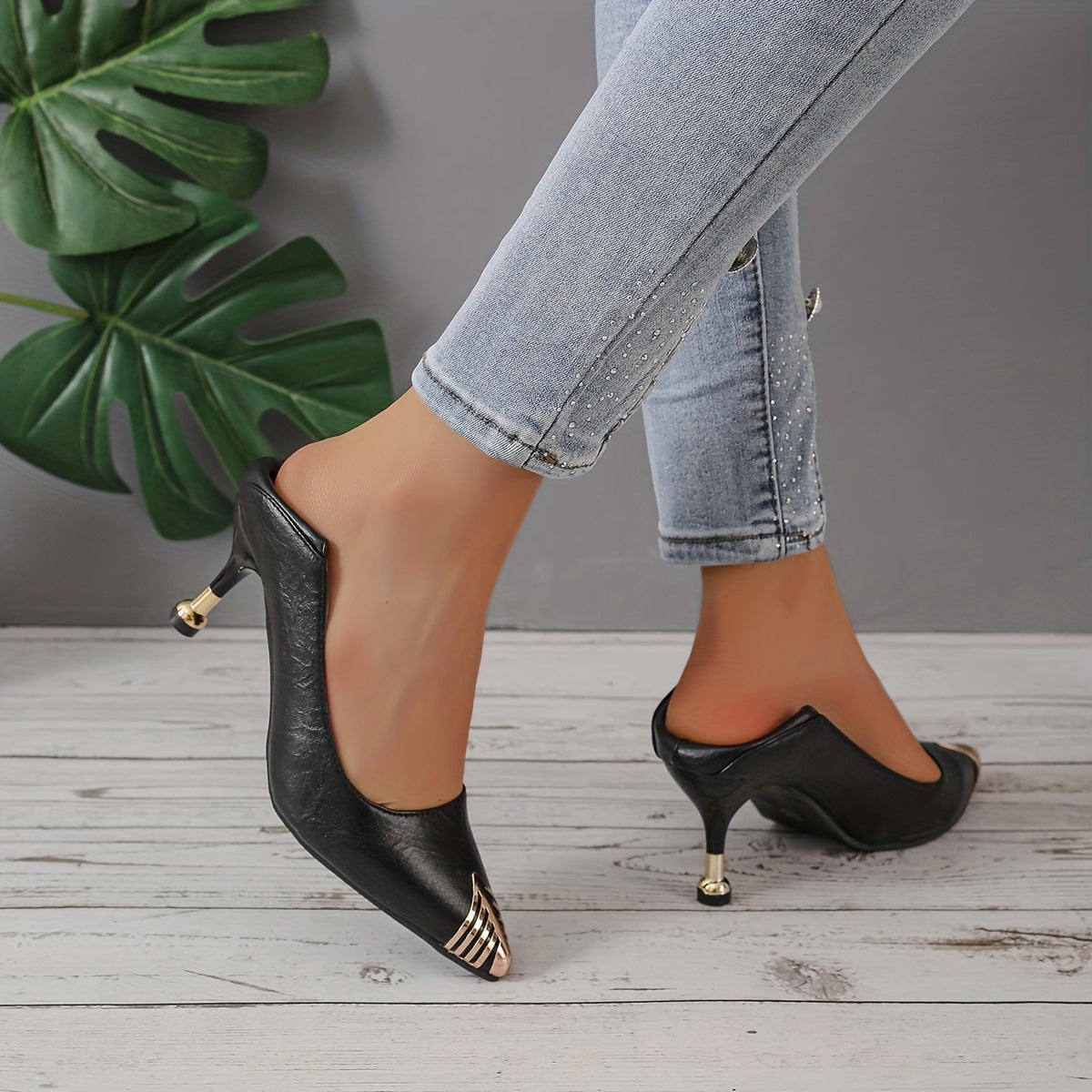 Women's Point Toe Stiletto Heel Shoes Slip On Sexy Professional Metal Decor