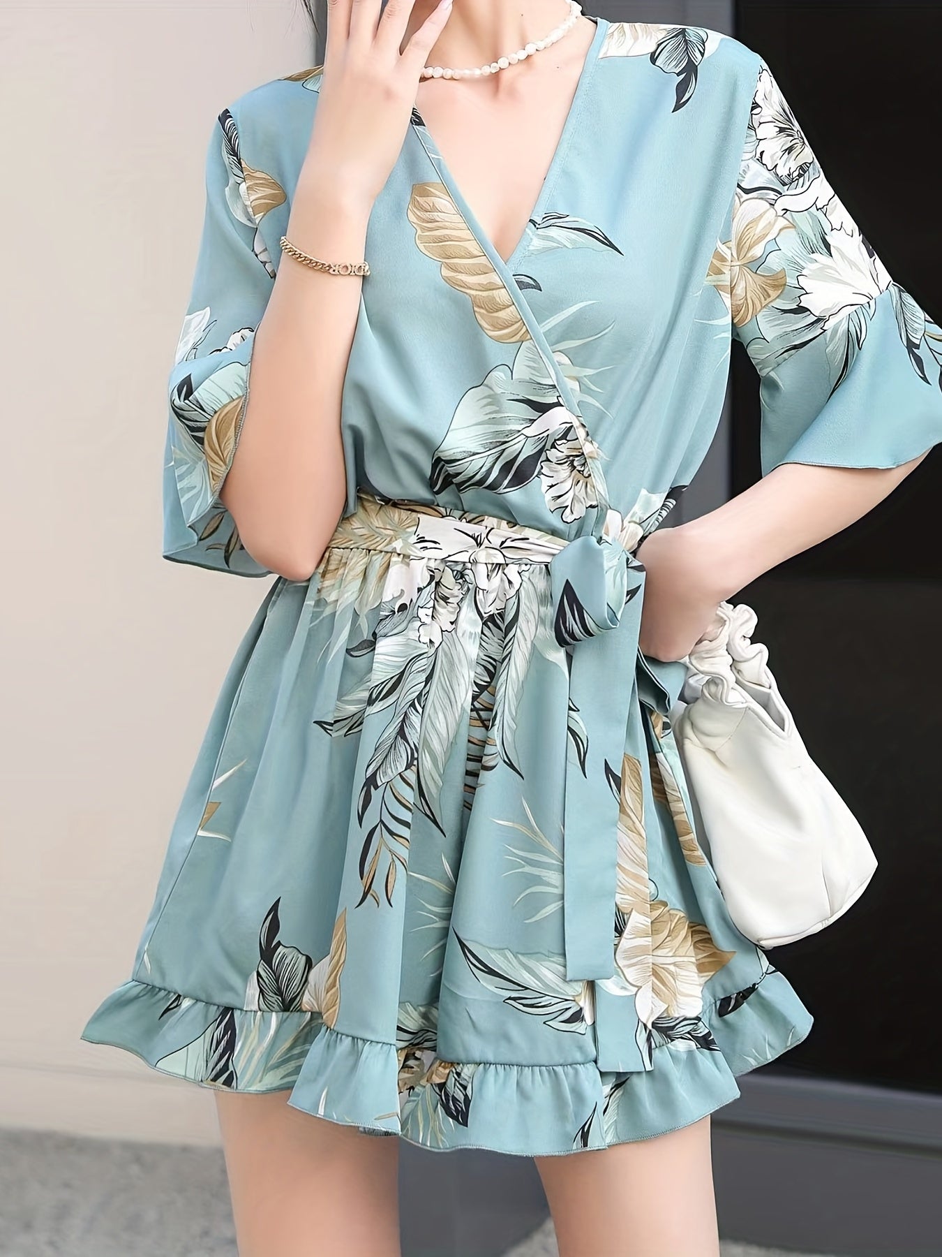 Floral Print Ruffle Trim Rompers Women's Clothing