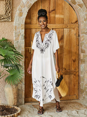 Plant Embroidered Cover Up Dress V Neck Loose Fit Short Sleeves