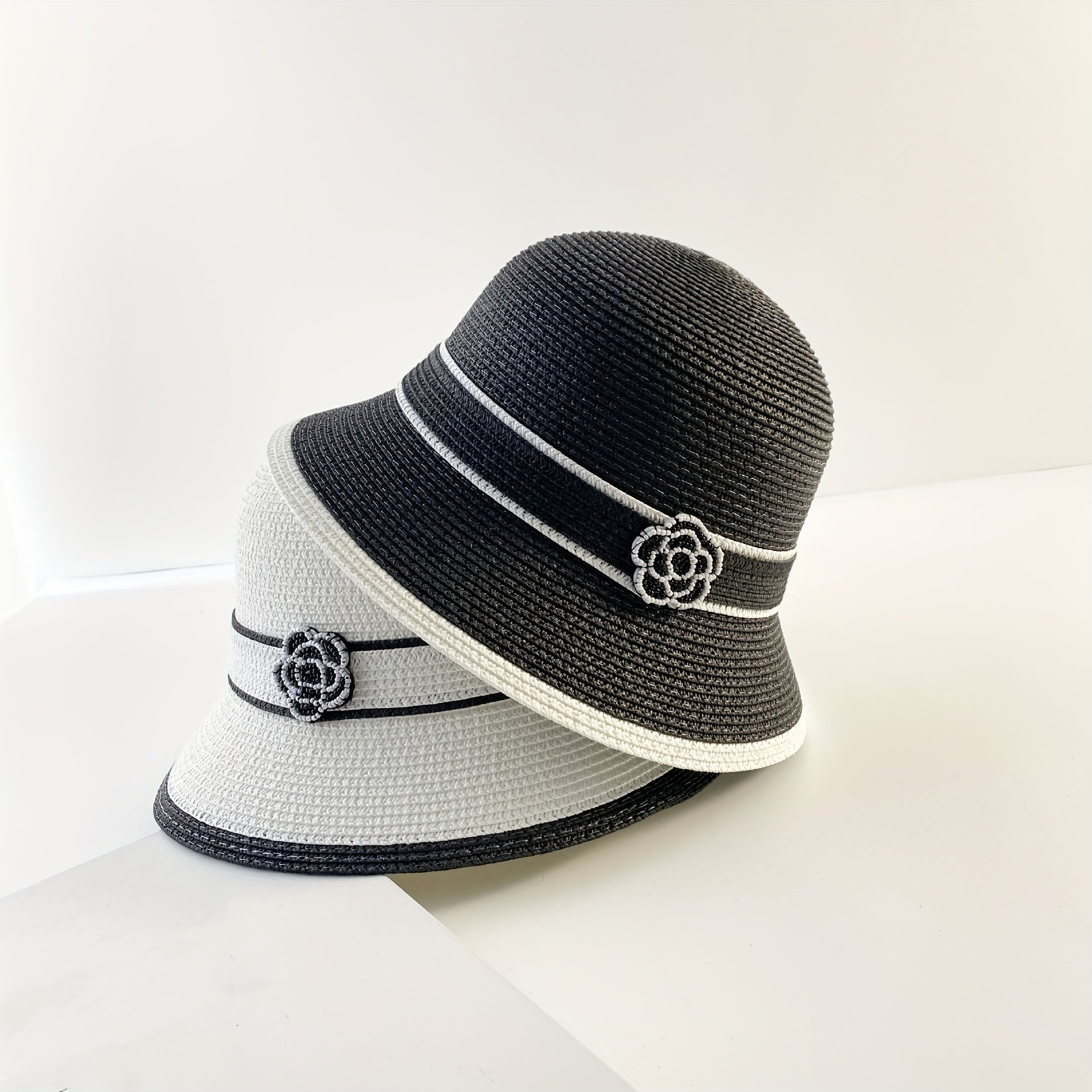 Camellia Straw Sun Hat Striped Bucket Hats Outdoor Travel Beach Hats For Women
