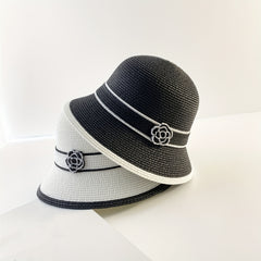 Camellia Straw Sun Hat Striped Bucket Hats Outdoor Travel Beach Hats For Women