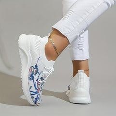 Floral Graphic Knit Sneakers Lace-Up Low Top Lightweight Shoes