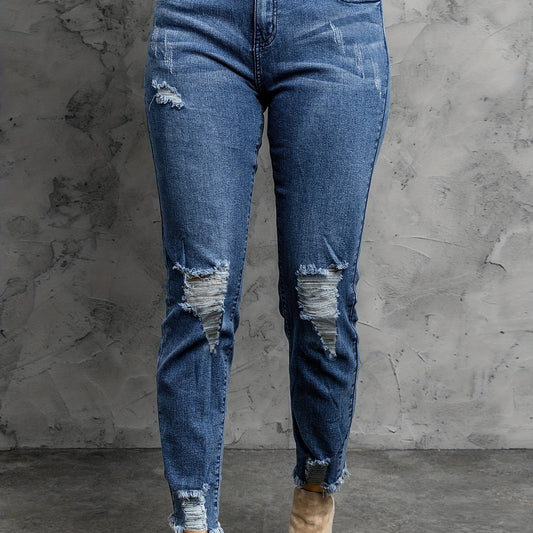 Casual Jeans Women's Solid Ripped Trim Slim Fit Jeans