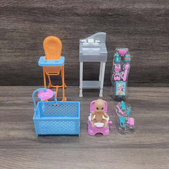 Doll Toy Set with Wash Basin, Toilet, Bed, Chair & Accessories
