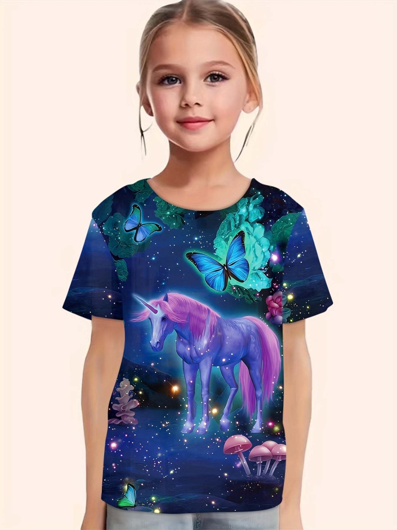 3D Unicorn & Butterfly Graphic Short Sleeve T shirt For Girls Summer Gift