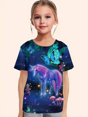 3D Unicorn & Butterfly Graphic Short Sleeve T shirt For Girls Summer Gift