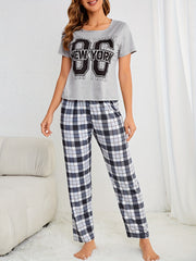 Plaid Print Pajama Set Short Sleeve Tee & Elastic Waistband Pants