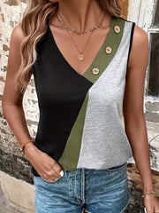 Colorblock Button Tank Top V Neck Sleeveless Casual Summer Top