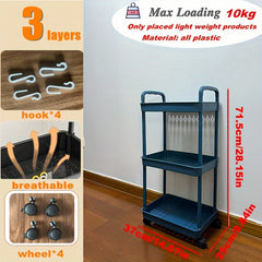 3-Layer Plastic Shelf Storage Rack with Hanging Box and Hooks