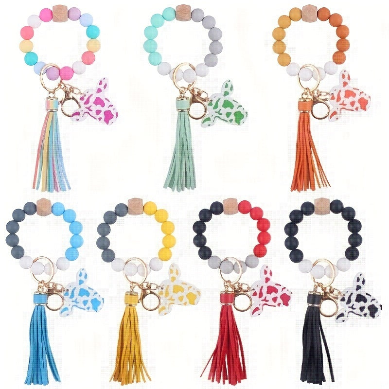 Cow Head Pattern Silicone Beaded Bracelet Keychain Pendant