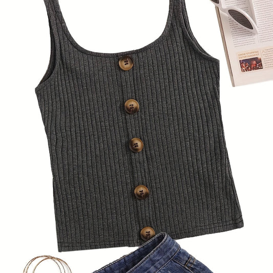 Ribbed Button Tank Top Crew Neck Sleeveless