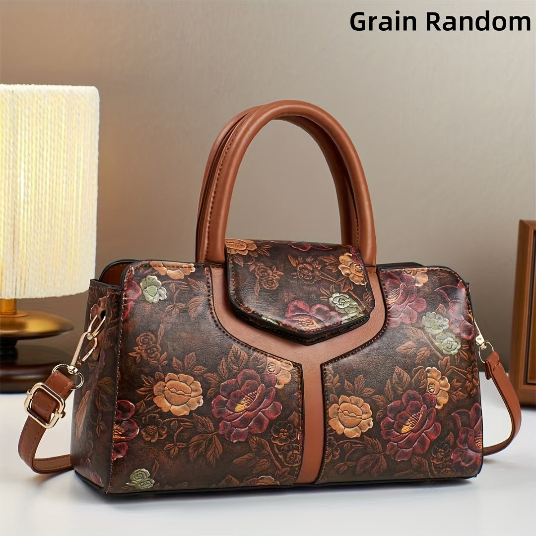 Vintage Floral Print Tote Bag Zipper Handbag Dark Brown Red Green