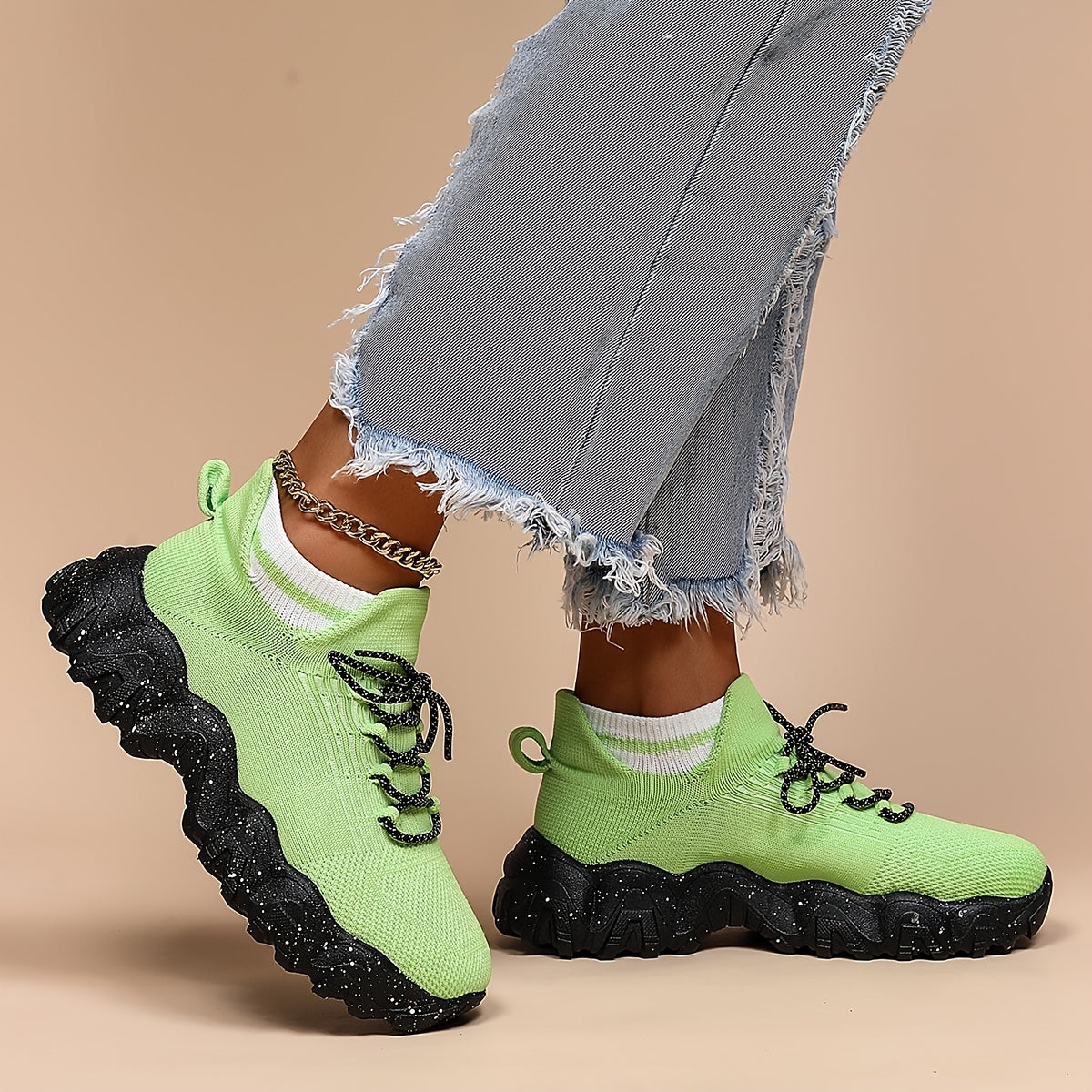 Platform Knit Sneakers Lace Up Breathable Sport Running Shoes