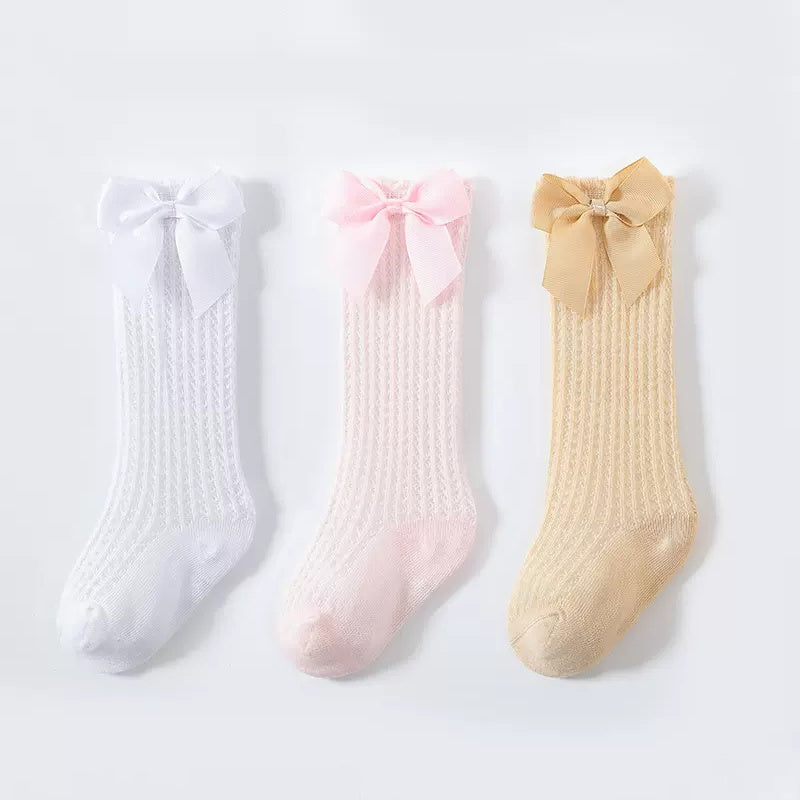 Bow Decor Thin Knit High Socks for Girls