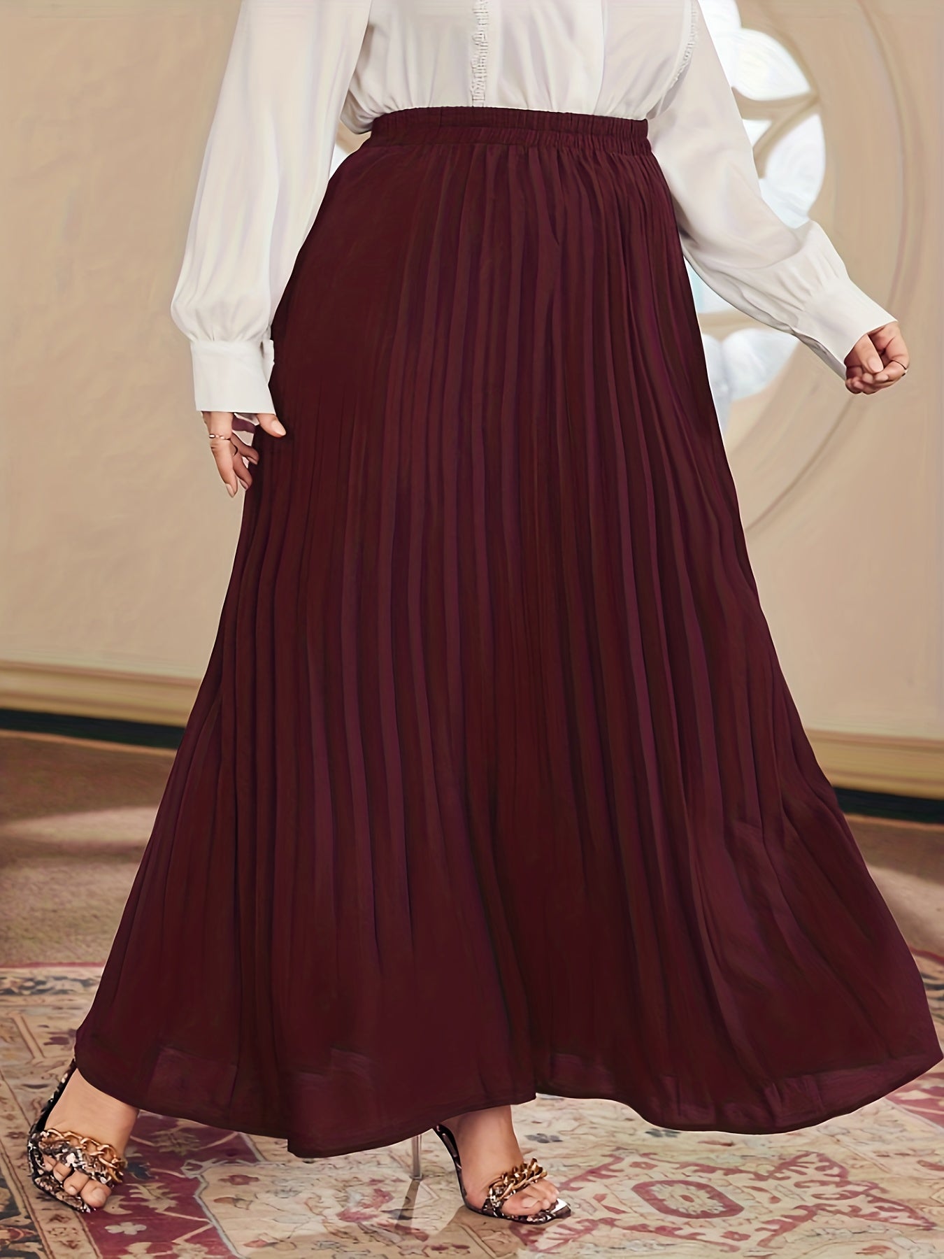 Solid Elastic High Rise Pleated Maxi Skirt Plus Size
