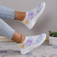 Women's Rhinestone Decor Sneakers Floral Print Slip On Shoes