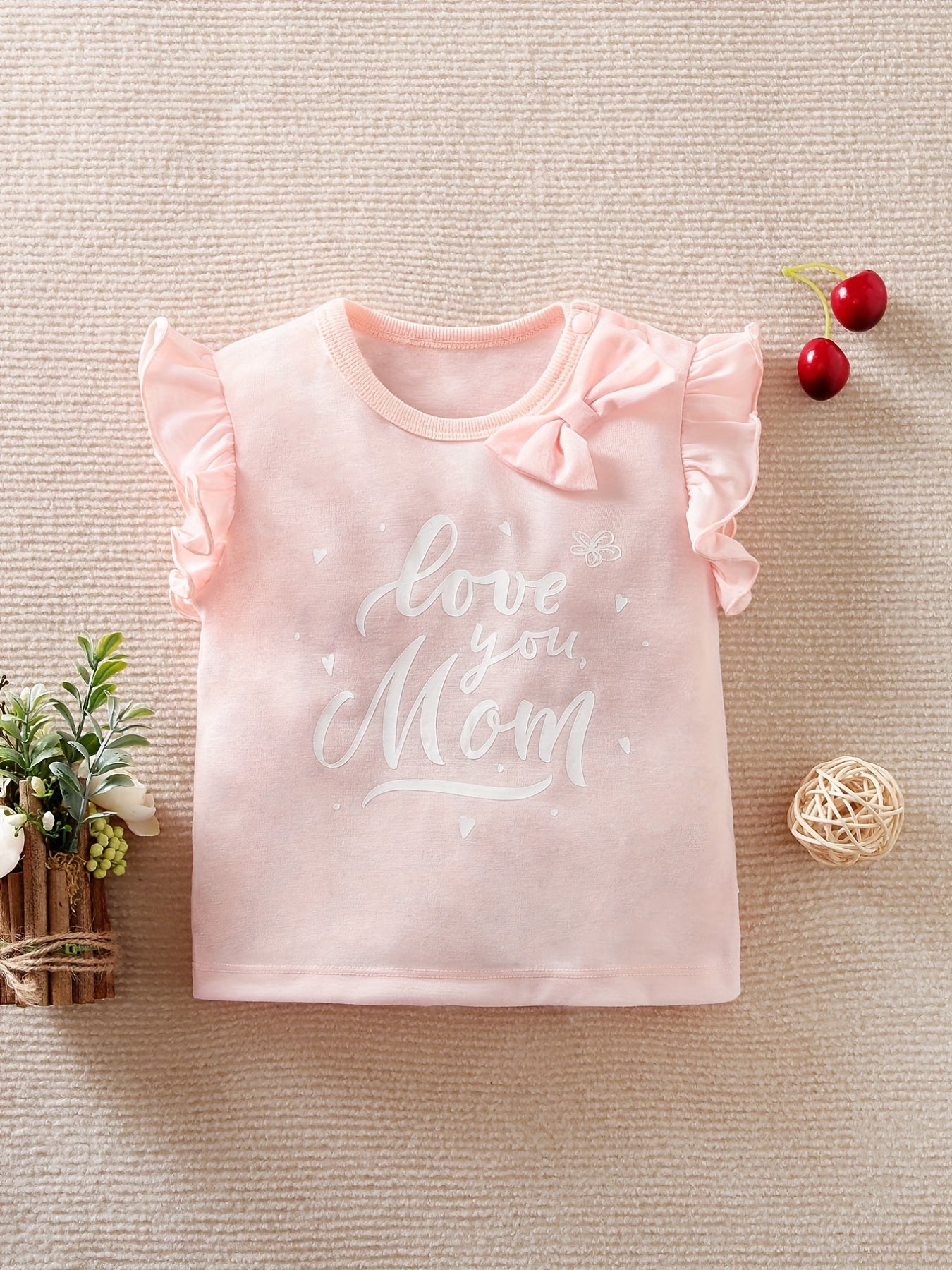 Baby Girls Love You Mom Ruffle Sleeve Bowknot Round Neck T shirt Clothes